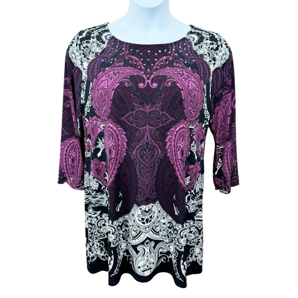 Alfani Black and Purple 3/4 Lettuce Sleeve Flowy Paisley Dress Size Large